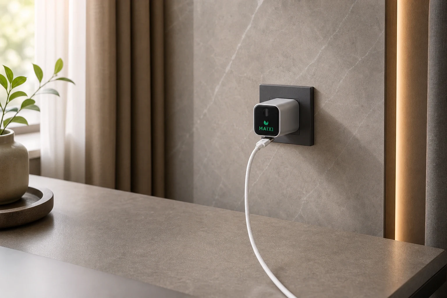 MAIXI S1-60W 接入酒店墙面插座并连接 USB-C 线材