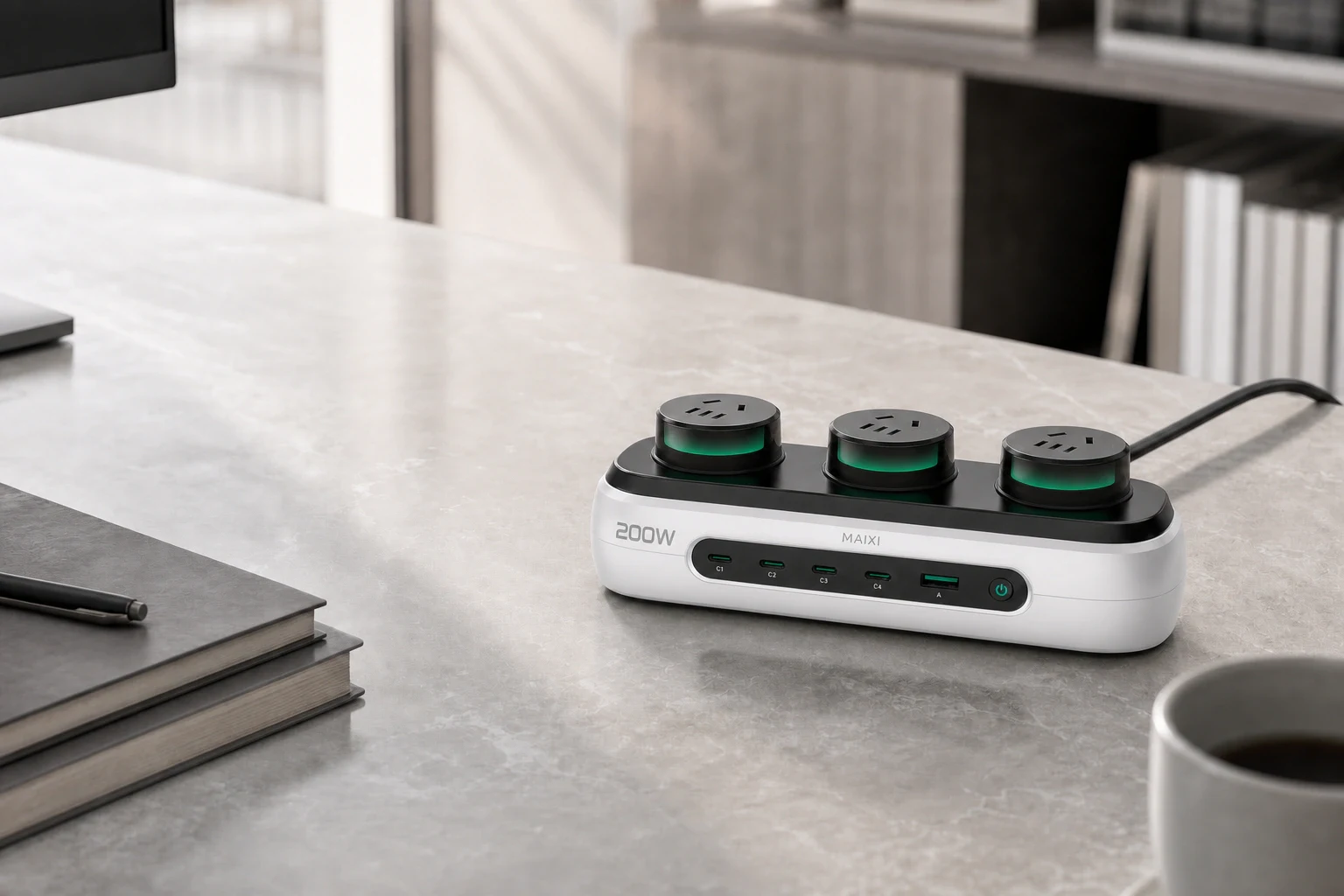 MAIXI U1-200W 在办公桌面中连接多台设备，后部电源线清晰接入